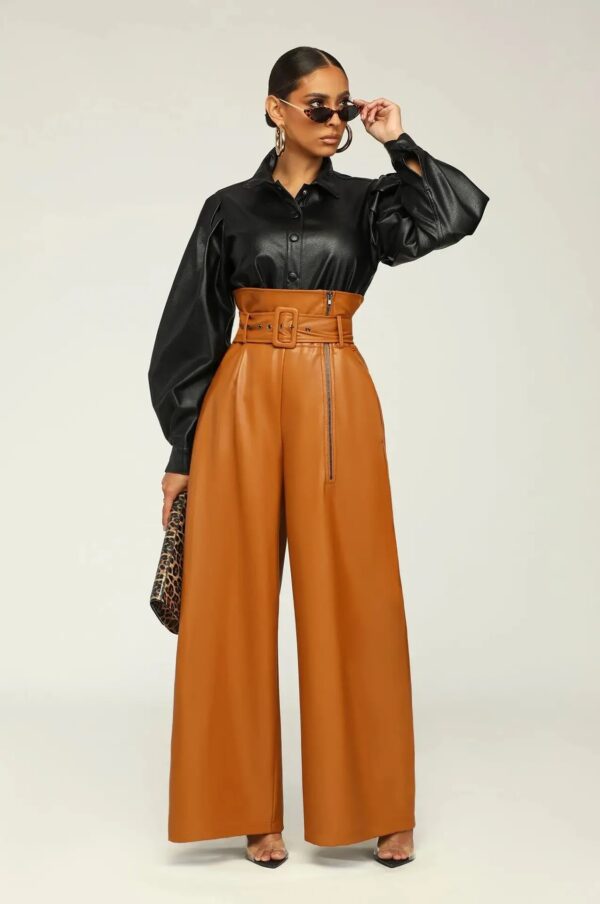 Faux Leather Wide Leg Pants Light Brown