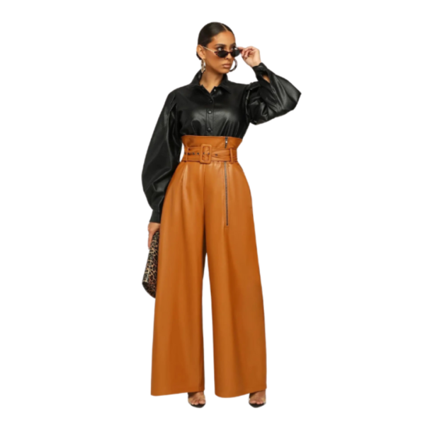Faux Leather Wide Leg Pants Light Brown
